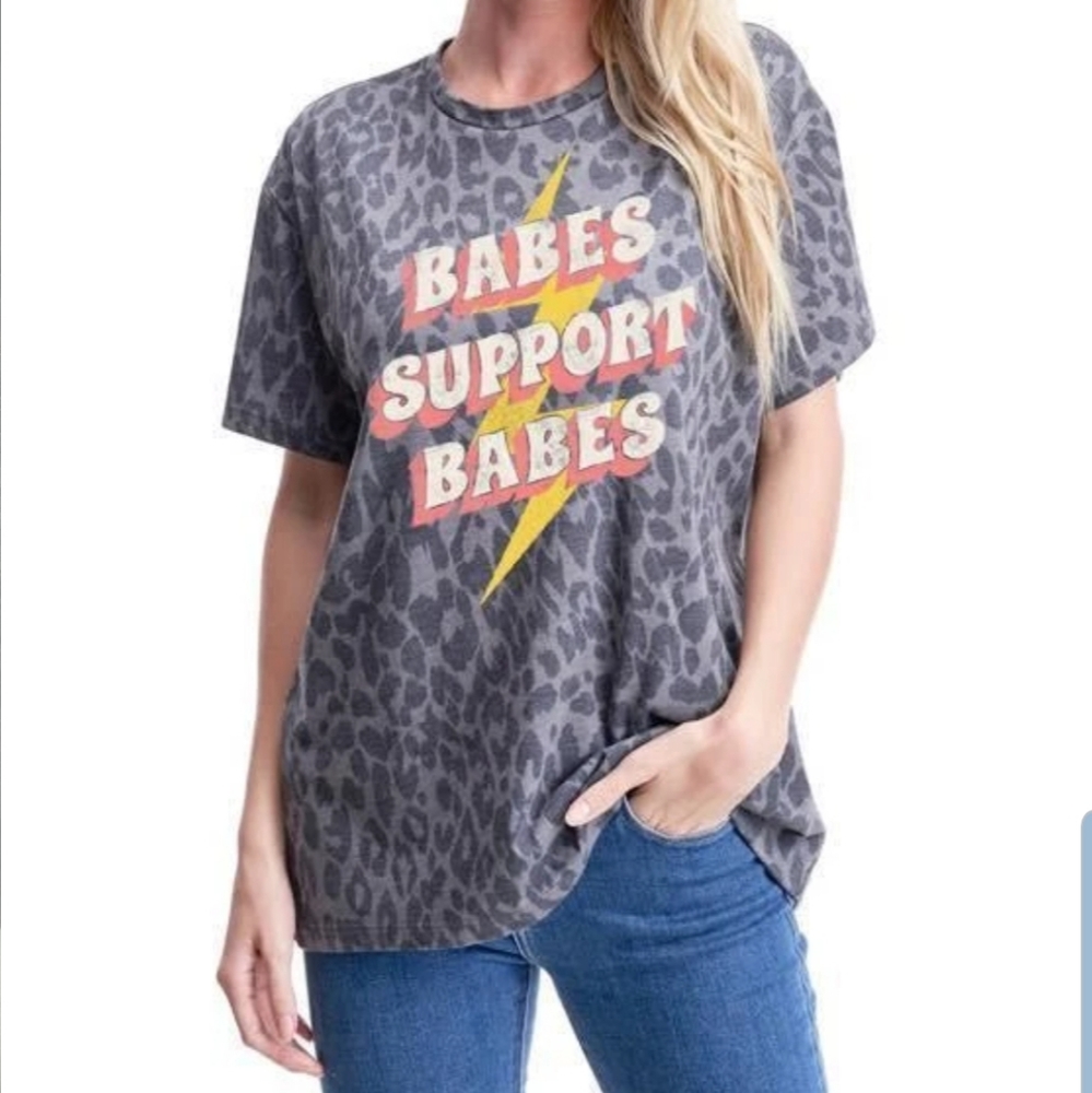 Babes Support Babes Grey Leopard Print Graphic Tee